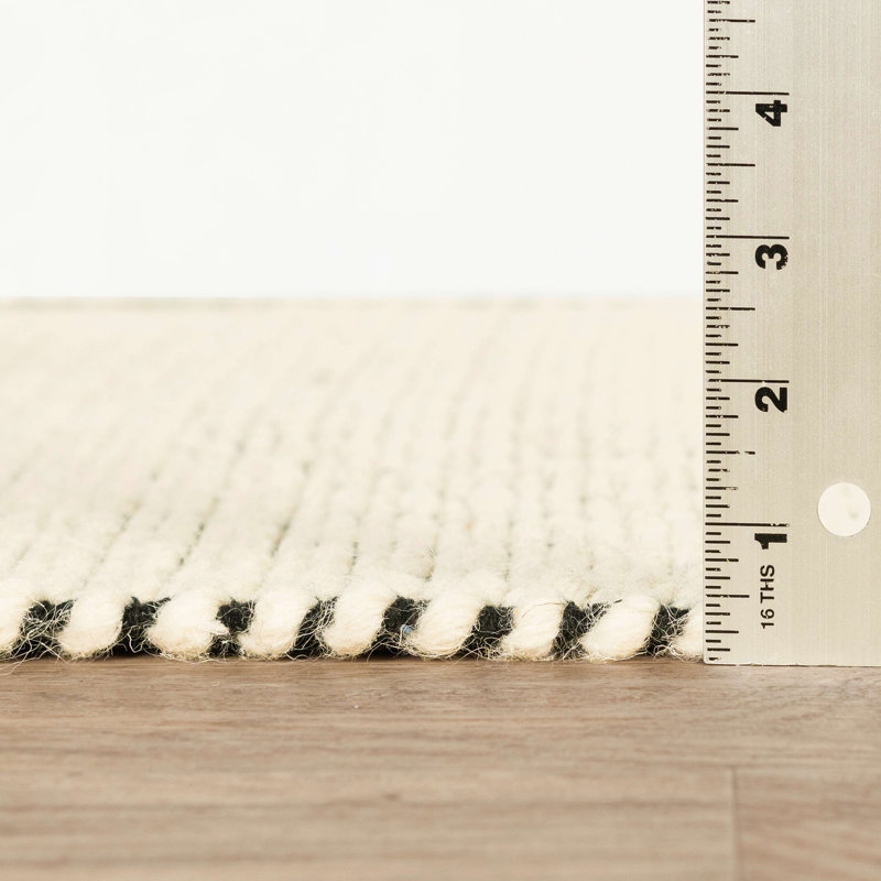 Ivory and Black Handwoven Wool and Synthetic Stripe Rug, 6' x 9'