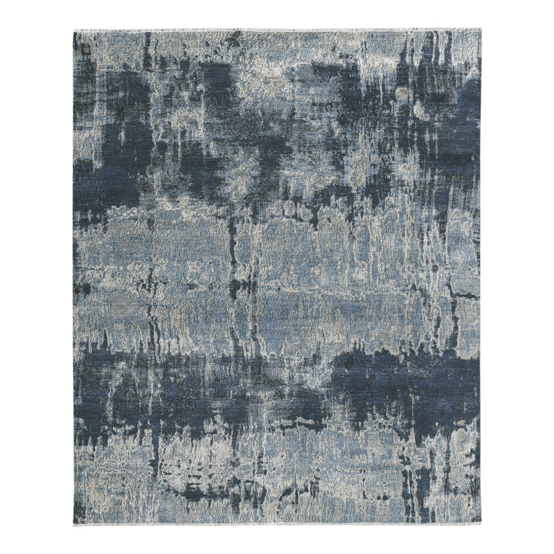 Zenith Blue and Gray Hand-Knotted Wool Silk Area Rug
