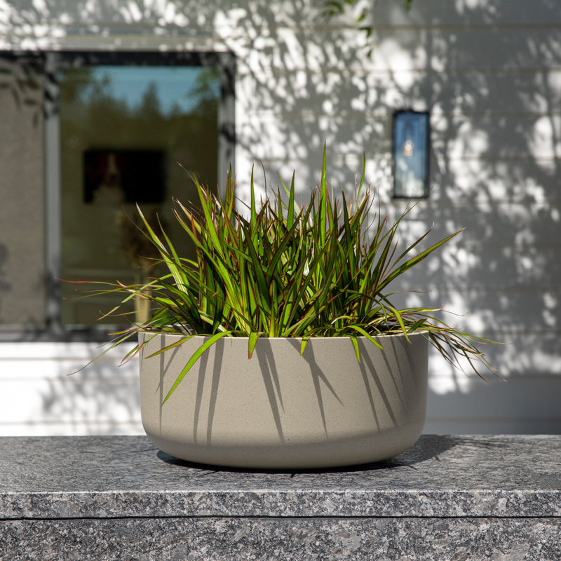 Sand 14-Inch Round Plastic-Stone Outdoor Planter