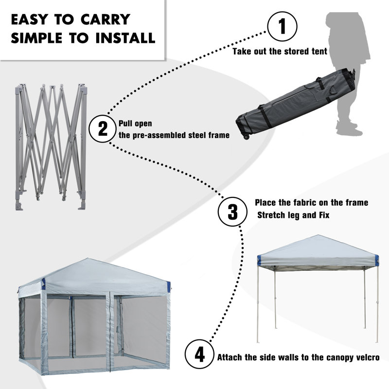 Gray 12 Ft Iron Pop-Up Canopy with Mesh Sidewalls and Roller Bag