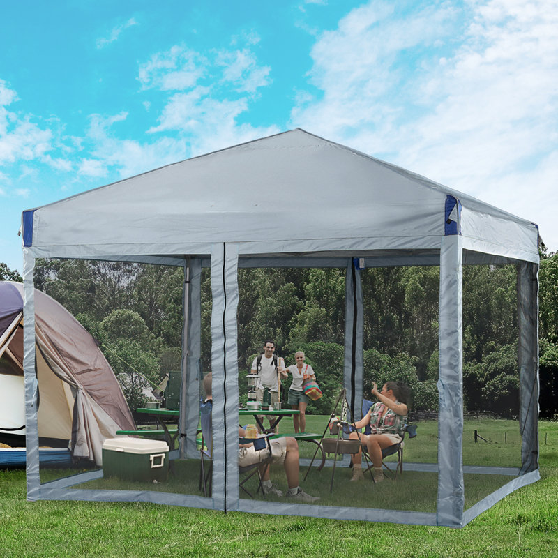 Gray 12 Ft Iron Pop-Up Canopy with Mesh Sidewalls and Roller Bag