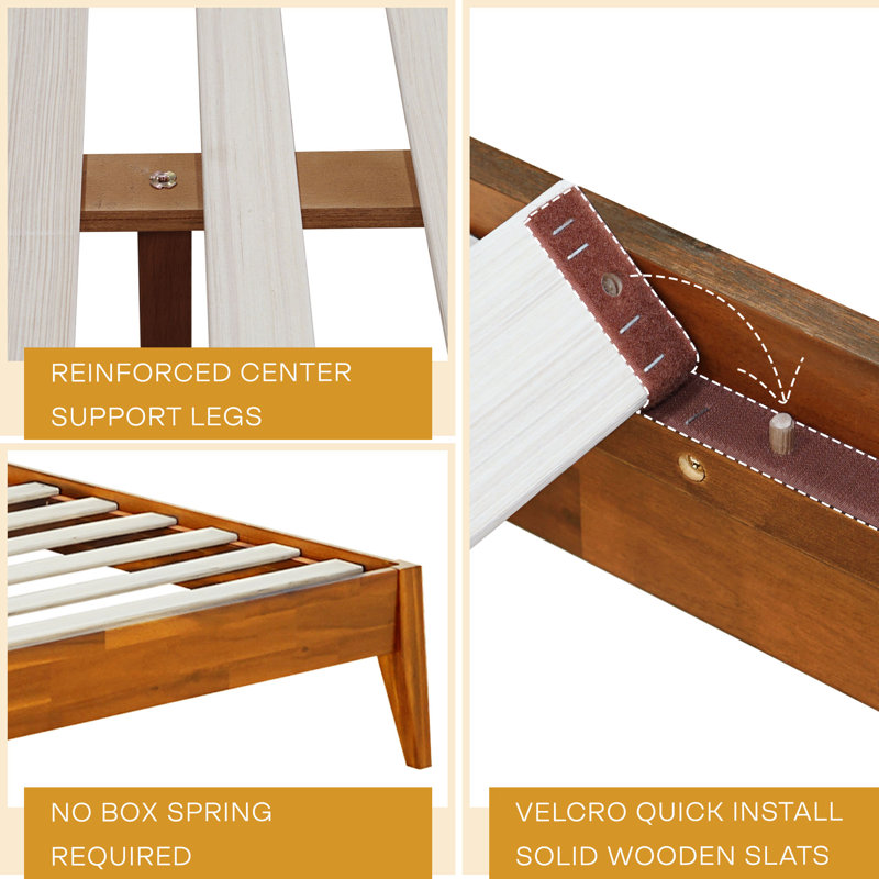 Caramel Acacia Wood Queen Platform Bed Frame with Headboard