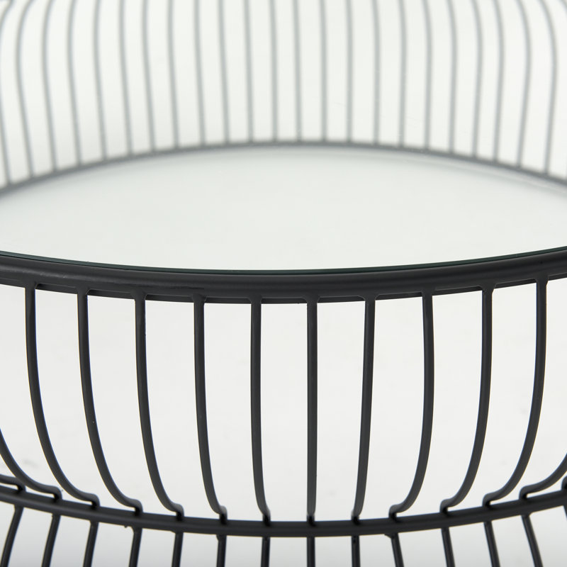Round Black Iron Cage Coffee Table with Glass Top