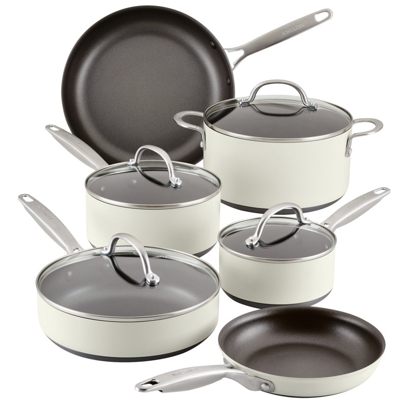 Cream Aluminum Nonstick 10-Piece Cookware Set with Glass Lids