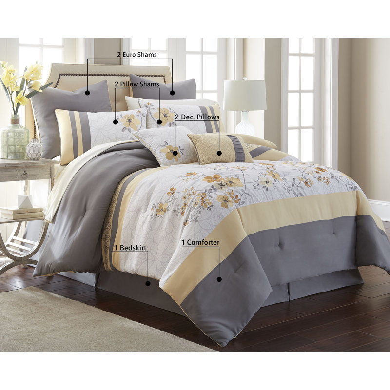 Queen Gray Microfiber Floral Embroidered Comforter Set