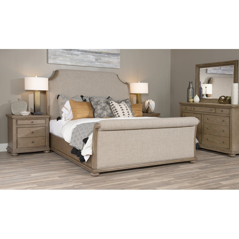 Transitional Chestnut King Sleigh Bed with Upholstered Headboard and Storage Drawer