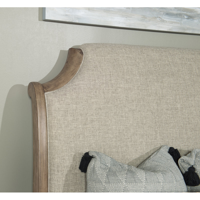 Transitional Chestnut King Sleigh Bed with Upholstered Headboard and Storage Drawer