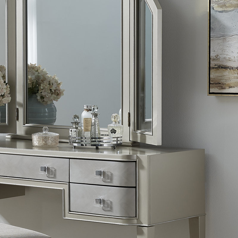 Zoey Silver Tri-Fold Vanity Mirror with Champagne Finish