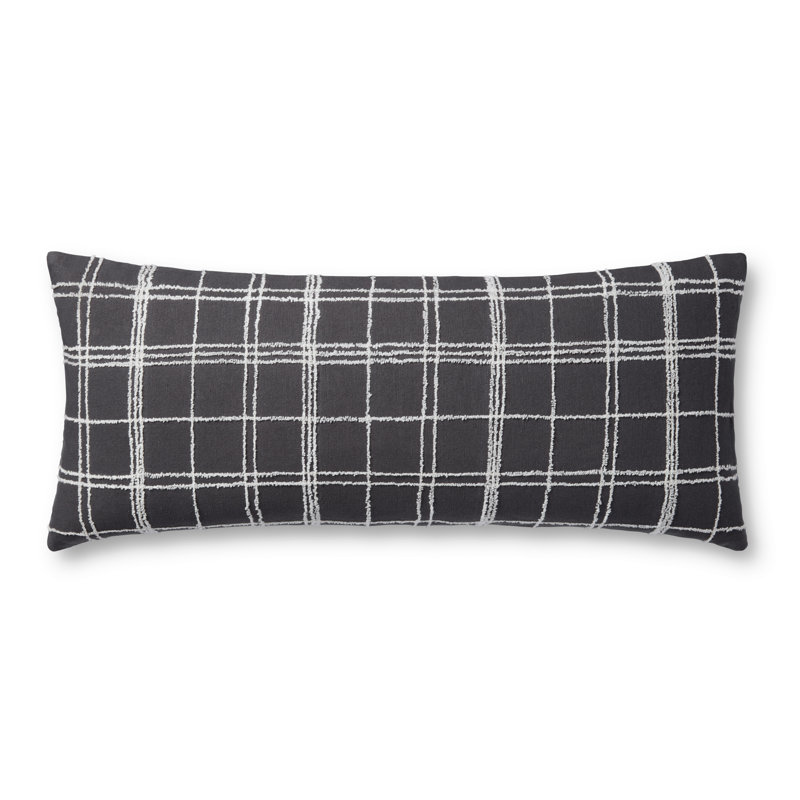 Graphite and Ivory Embroidered Cotton Lumbar Pillow