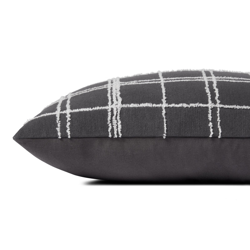 Graphite and Ivory Embroidered Lumbar Pillow with Down Insert