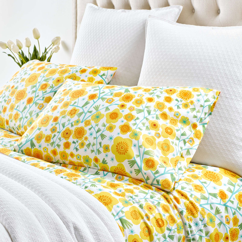 Full White Cotton Percale Sunflower Print Sheet Set