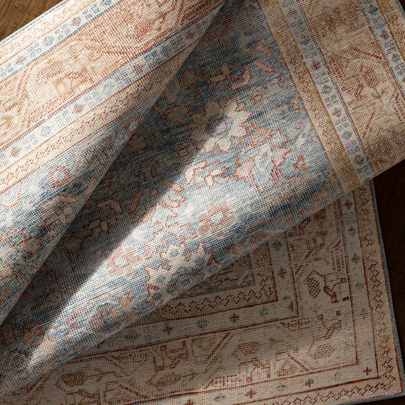 Easy Care Washable Blue Synthetic 5' x 7' Rectangular Rug