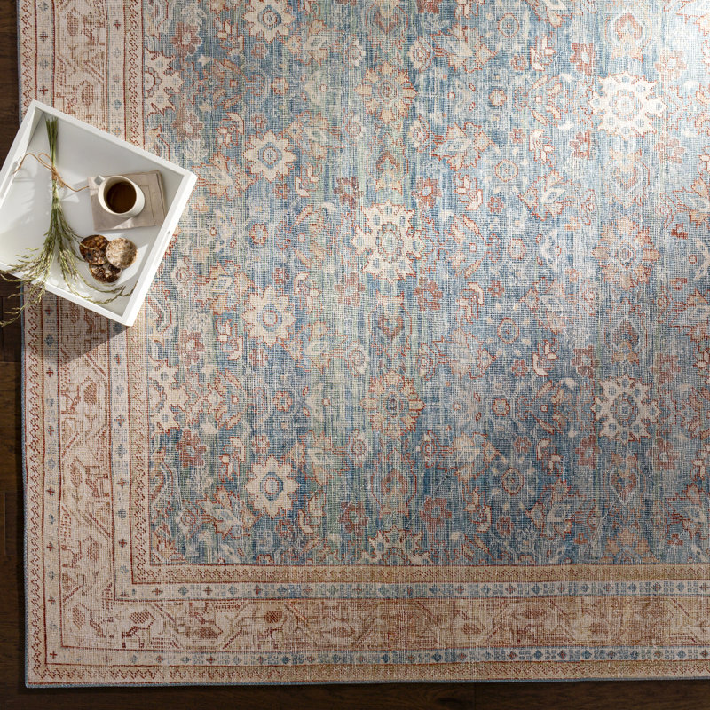 Easy Care Washable Blue Synthetic 5' x 7' Rectangular Rug