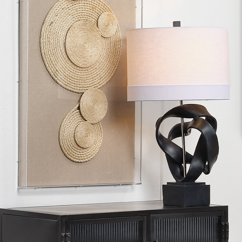 Black Polyresin Table Lamp with White Linen Shade