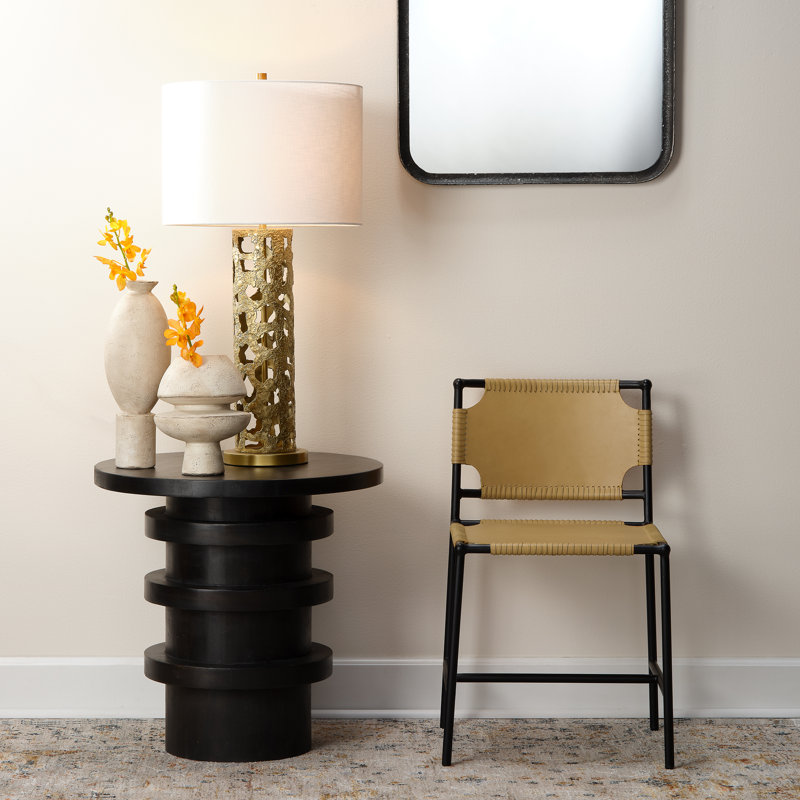 Cashew Brown Leather Sling-Style Dining Chair with Metal Frame
