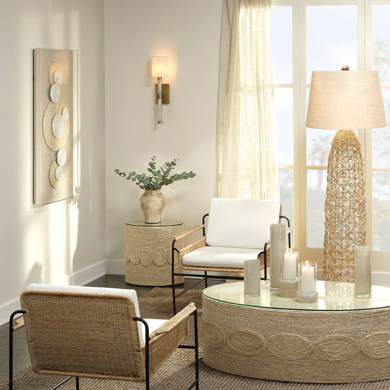 Hand-Woven Corn Straw Round Side Table with Glass Top