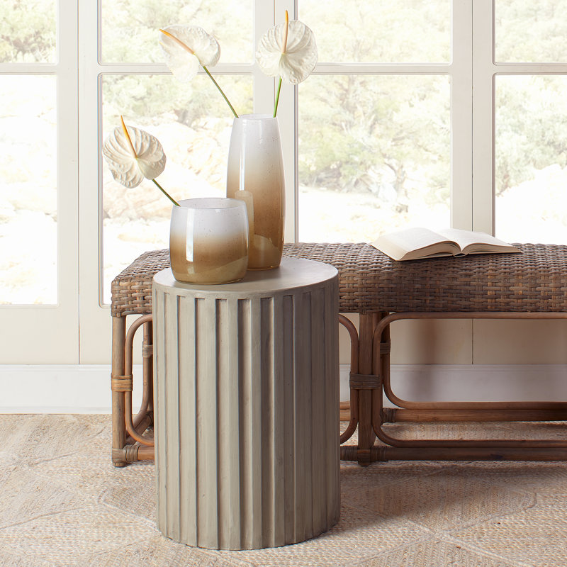 Coastal Cream Drum-Shaped Cement Side Table with Fluted Edges