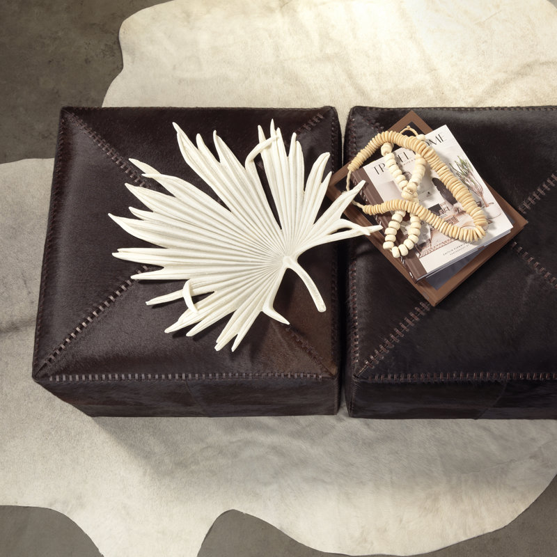 Contemporary Stitched Dark Brown Leather Pouf Ottoman