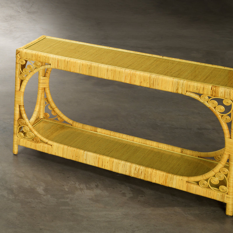 Sophisticated Tropical Rattan Console with Tempered Glass Top