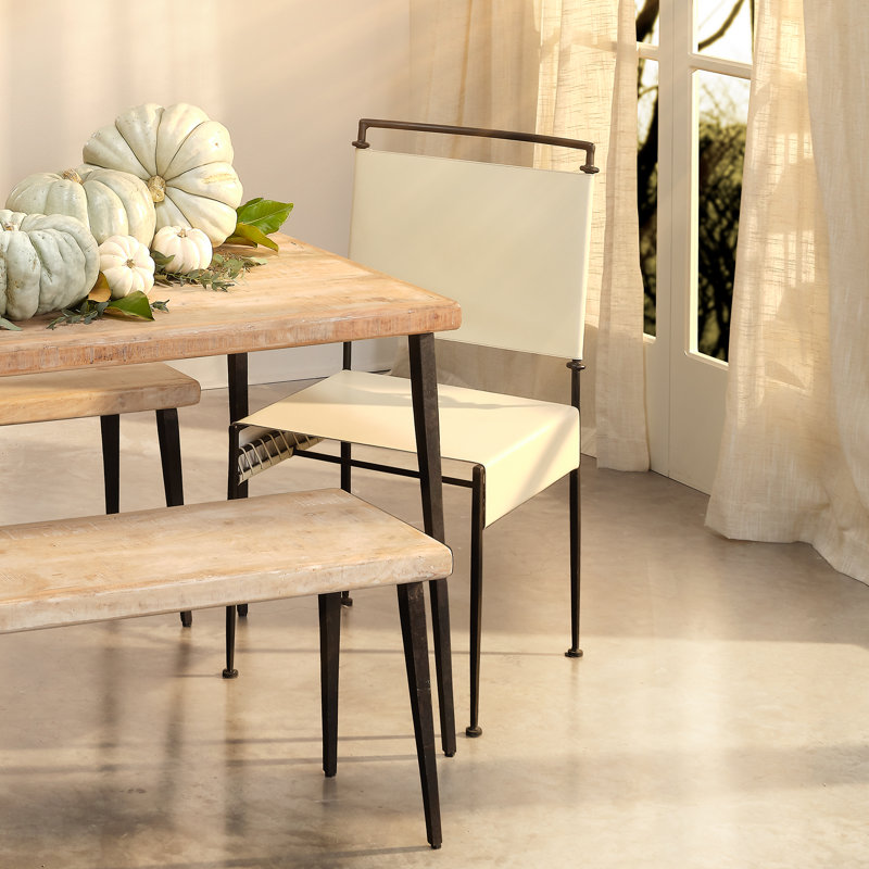 Off-White Leather and Metal Upholstered Side Chair