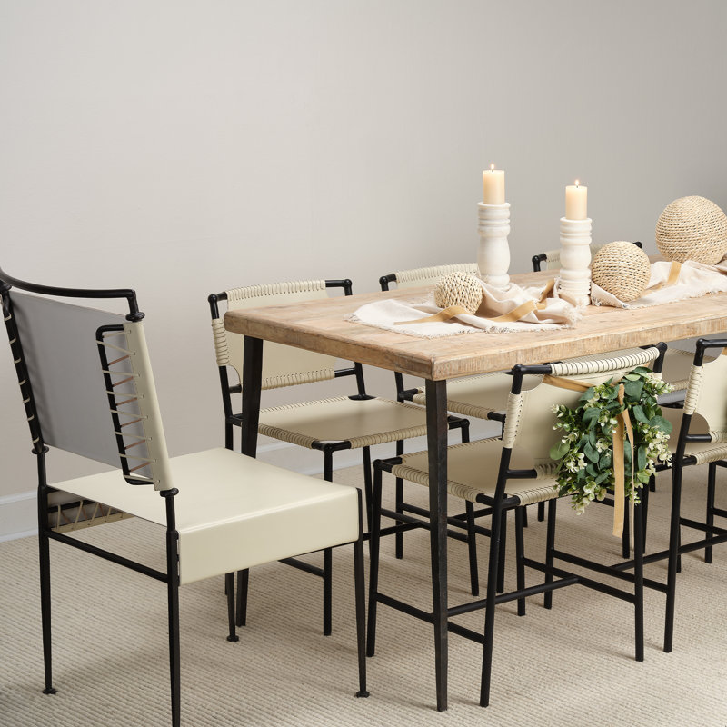 Off-White Leather and Metal Upholstered Side Chair