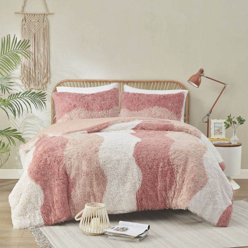 Blush Multi Faux Fur Full Comforter Set with Shams