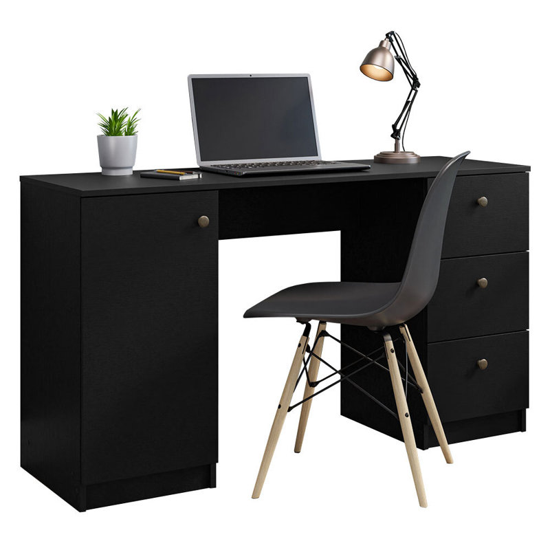 Sleek 53" Black Engineered Wood Gaming Desk with Filing Cabinet
