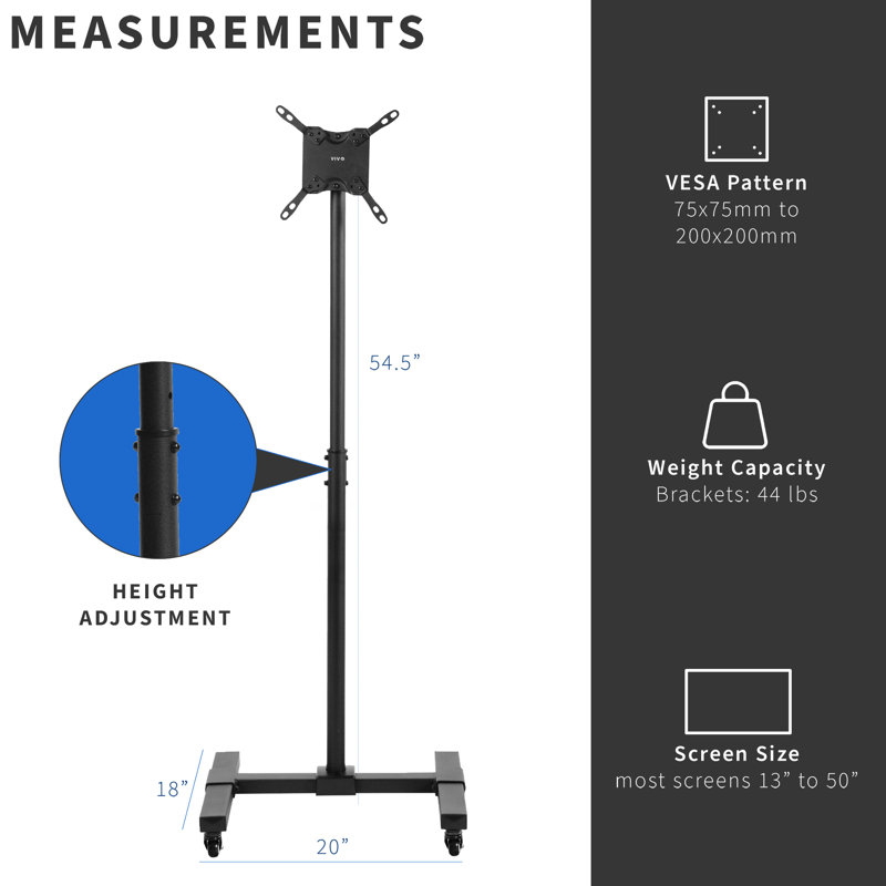 Adjustable Black Mobile TV Cart with Locking Wheels for 13''-50'' Screens