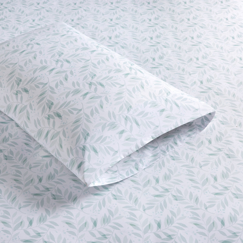 Queen Green Leaves Cotton Percale Sheet Set