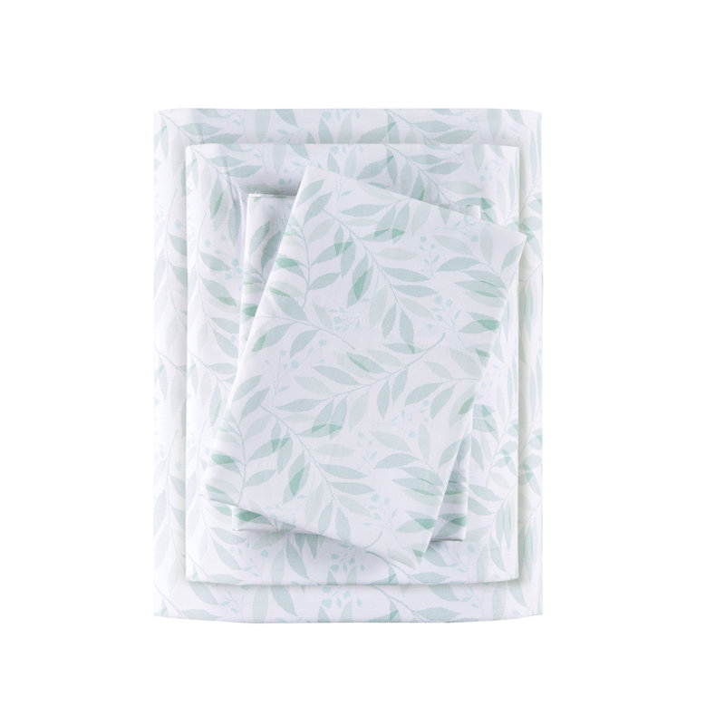 Queen Green Leaves Cotton Percale Sheet Set