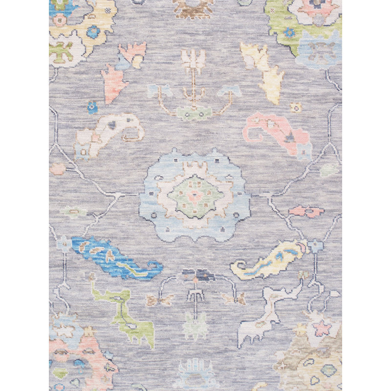 Elegant Oushak Hand-Knotted Floral Wool Rug in Turquoise - 9' x 12'