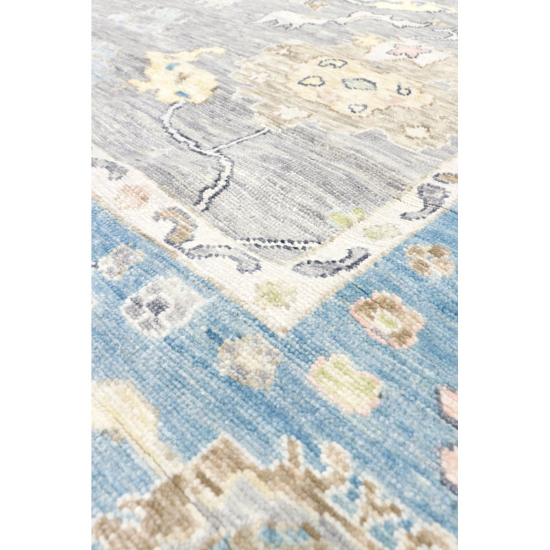 Elegant Oushak Hand-Knotted Floral Wool Rug in Turquoise - 9' x 12'