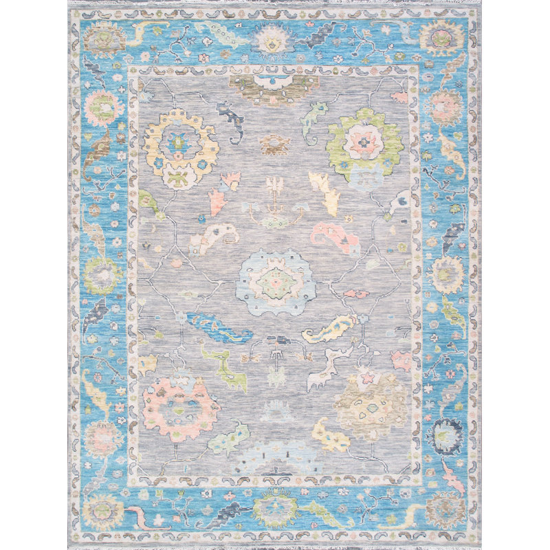 Elegant Oushak Hand-Knotted Floral Wool Rug in Turquoise - 9' x 12'