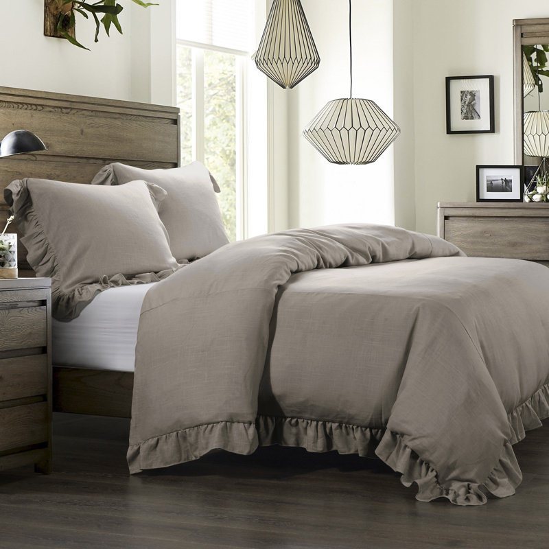 Taupe Queen Cotton Ruffled Cottage Bedspread Cover