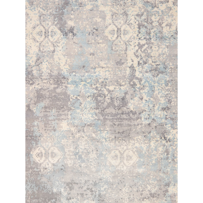 Handmade Gray and Blue Silk Blend Rectangular Area Rug 6' x 9'