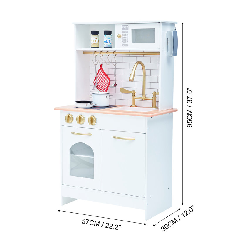 White and Gold Wooden Play Kitchen with Accessories