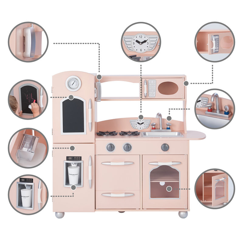 Pink Retro Wooden Play Kitchen Set with Accessories