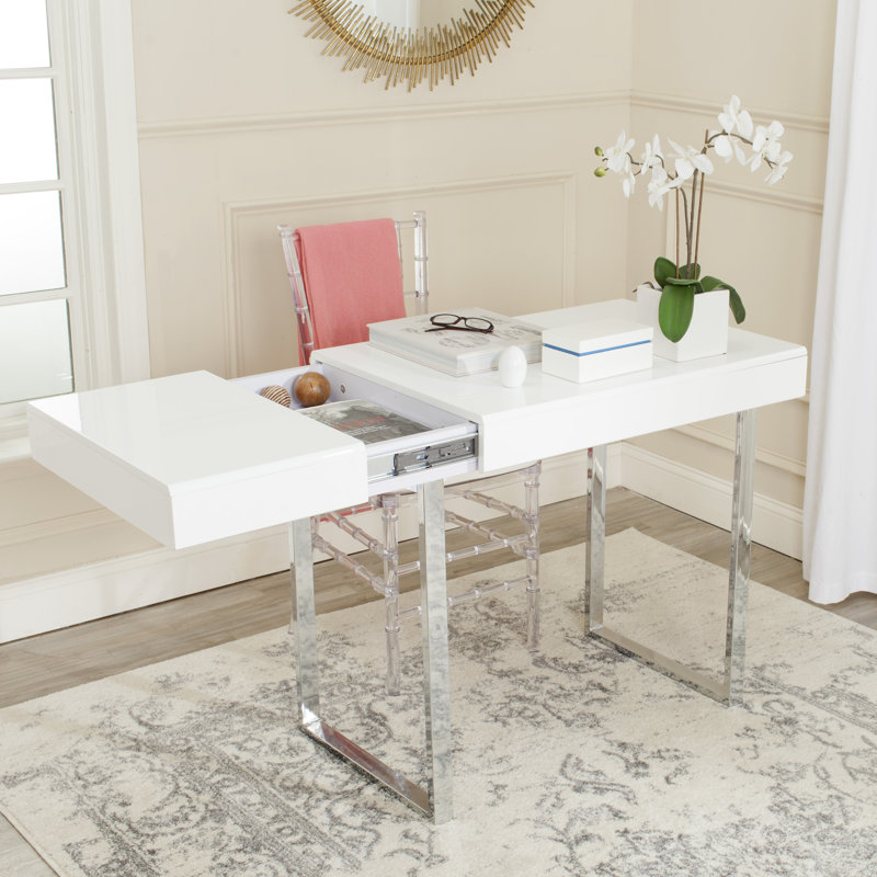 Elegant Transitional 53'' White and Chrome Home Office Desk with Drawer