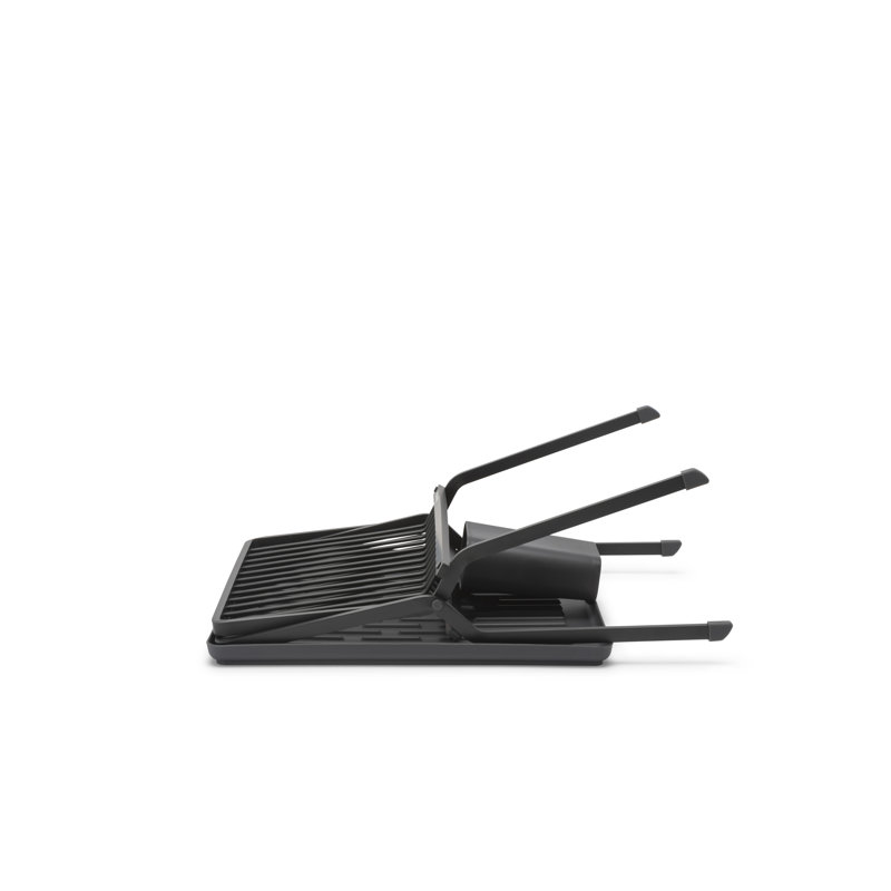 Compact Foldable Dark Gray Metal Dish Drying Rack with Utensil Cup