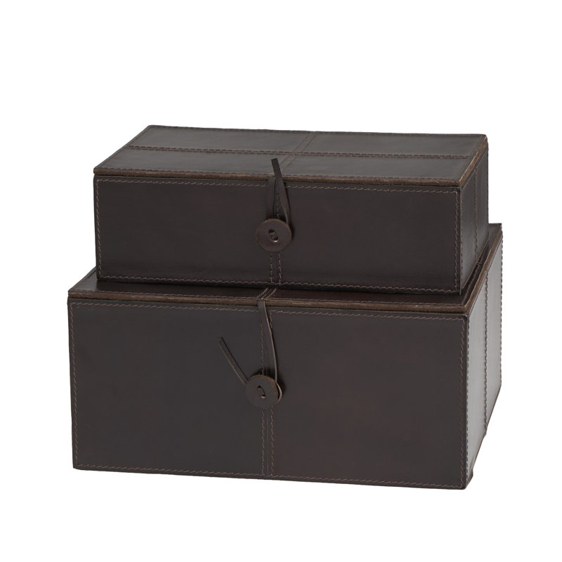 Dark Brown Faux Leather Rectangular Storage Boxes with Hinged Lids, Set of 2