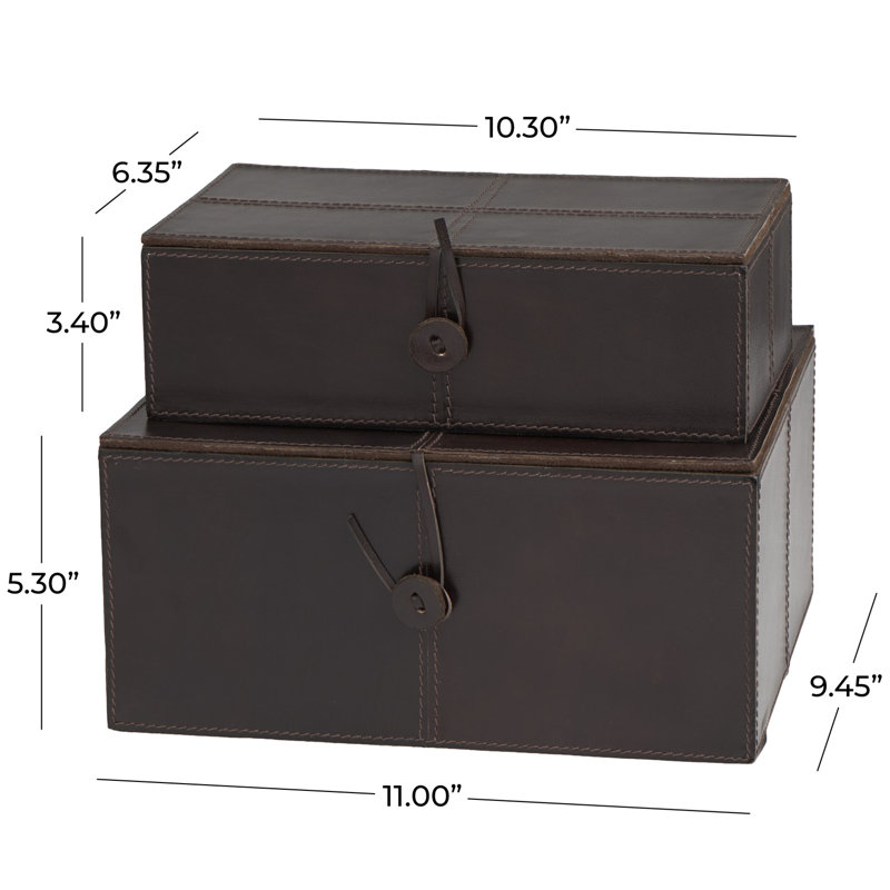 Dark Brown Faux Leather Rectangular Storage Boxes with Hinged Lids, Set of 2