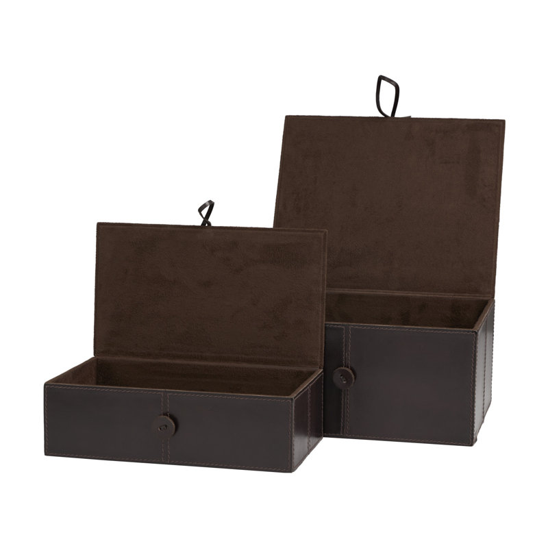 Dark Brown Faux Leather Rectangular Storage Boxes with Hinged Lids, Set of 2