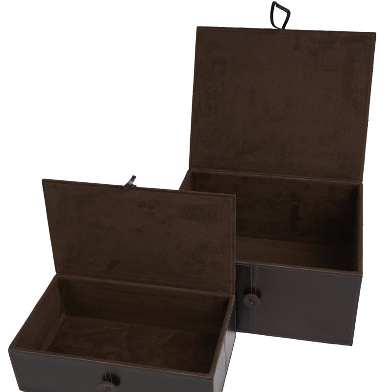 Dark Brown Faux Leather Rectangular Storage Boxes with Hinged Lids, Set of 2