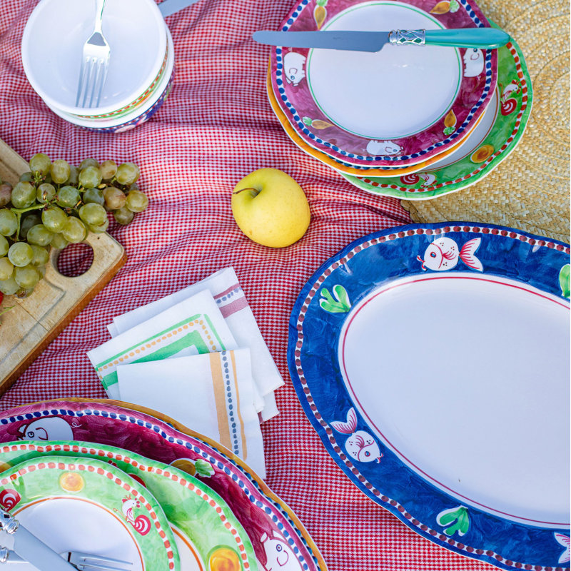 Blue and White Melamine Oval Serving Platter with Fish Design