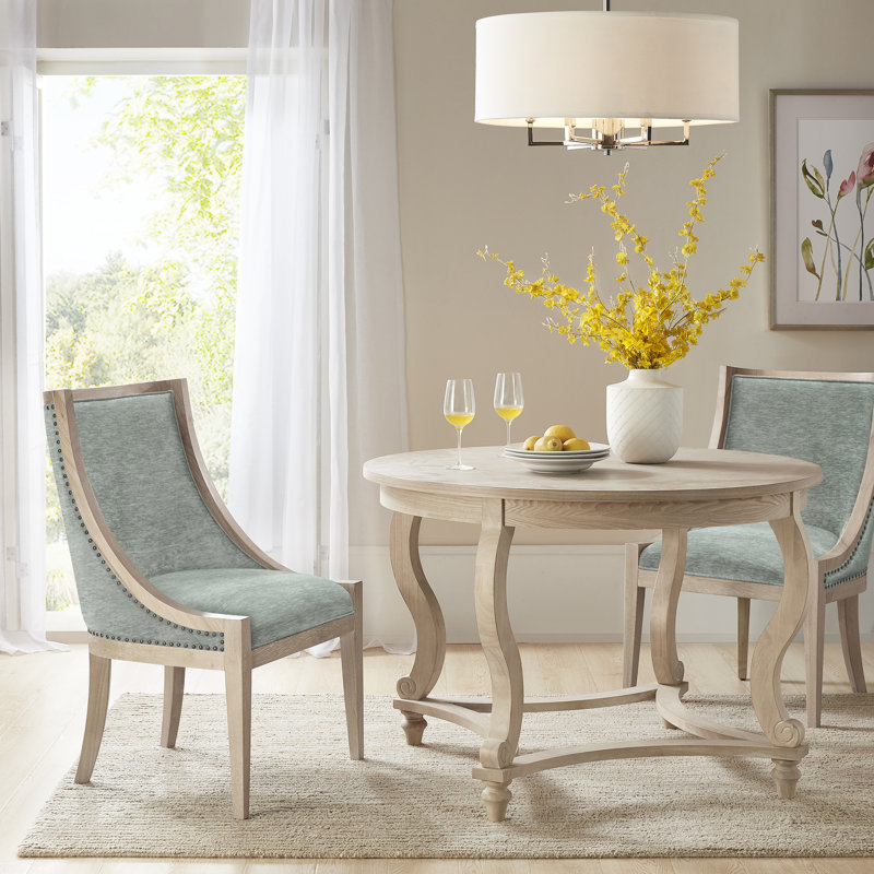 Elmcrest Soft Green Upholstered Dining Chair with Brass Nailhead Trim