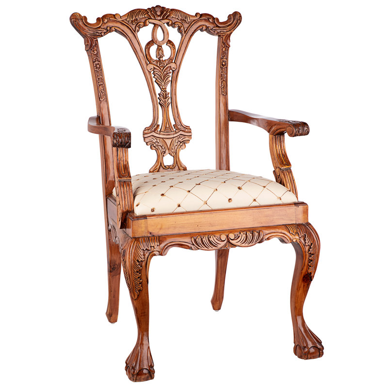 Handcrafted Mahogany English Chippendale Armchair in Blue and Gold