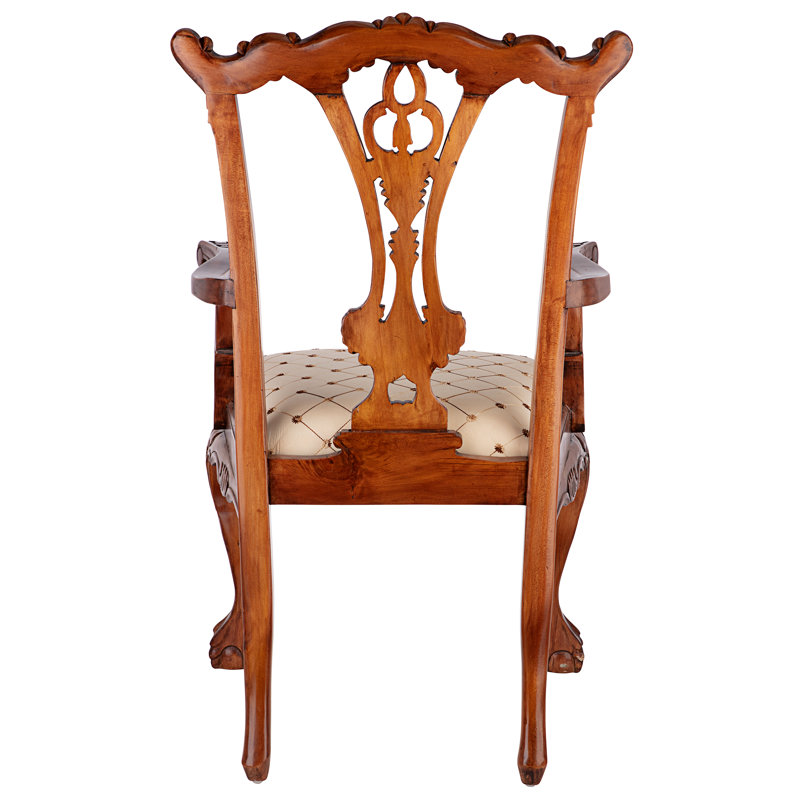 Handcrafted Mahogany English Chippendale Armchair in Blue and Gold