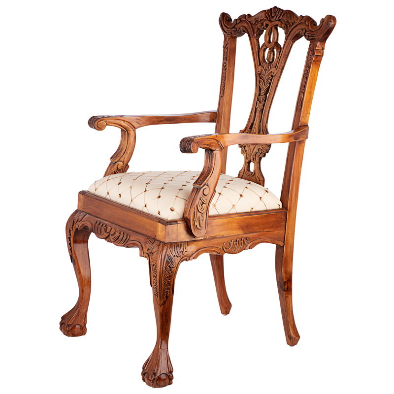 Handcrafted Mahogany English Chippendale Armchair in Blue and Gold