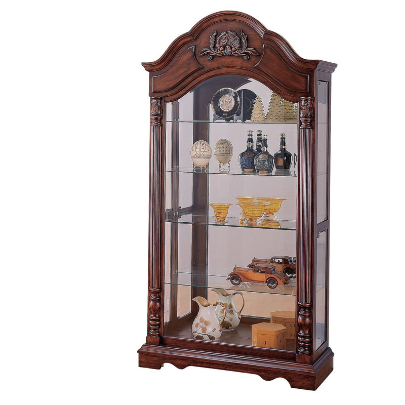 Elegant Cherry Transitional Style Lighted Curio Cabinet with Glass Shelves