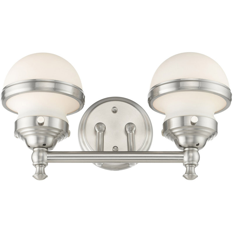Sleek Industrial Brushed Nickel 2-Light Vanity with Satin Opal White Glass
